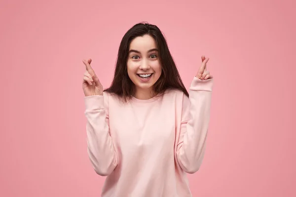 Happy Teen Brunette Sweatshirt Crossing Fingers Looking Camera Smile While — Fotografia de Stock