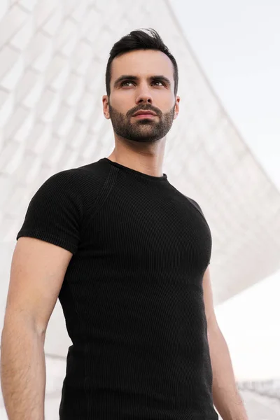 Confident Young Middle Eastern Unshaven Male Dark Hair Black Shirt — Foto de Stock
