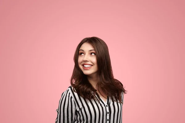 Cheerful Young Female Millennial Long Brown Hair Striped Shirt Smiling — Fotografia de Stock