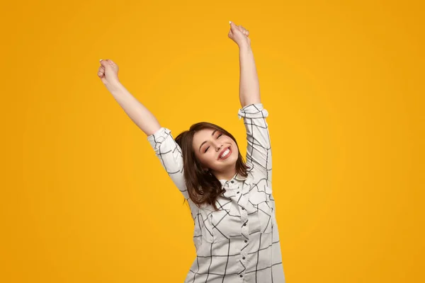 Cheerful Young Size Female Raising Arms Smiling Closed Eyes While — Stock fotografie