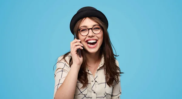 Cheerful Young Female Stylish Shirt Hat Glasses Laughing Joke While — 스톡 사진