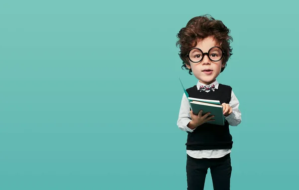 Adorable Funny Little Boy Wavy Dark Hair Big Head Eyeglasses — Stockfoto