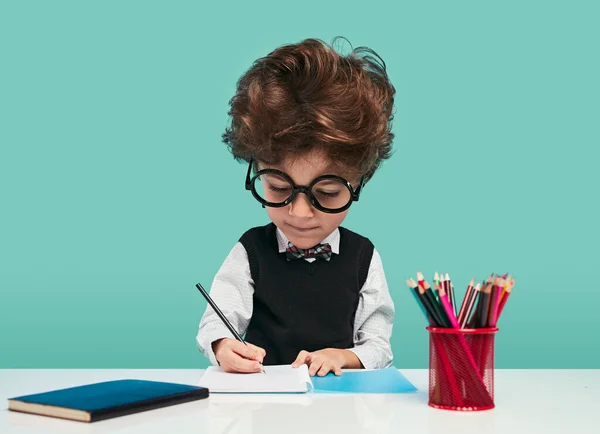 Adorable Concentrated Little Boy Dark Hair Classy Clothes Spectacles Taking — Stockfoto