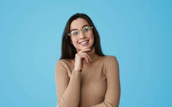 Content Young Smart Female Student Long Dark Hair Beige Turtleneck — Stock Photo, Image