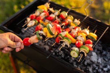 From above anonymous male demonstrating stick with pieces of chicken and vegetables over grill during barbecue on summer weekend day