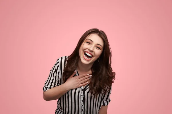 Joyful Young Female Millennial Long Brown Hair Striped Shirt Laughing — Fotografia de Stock