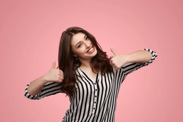 Content Young Female Size Model Long Brown Hair Striped Blouse — 스톡 사진