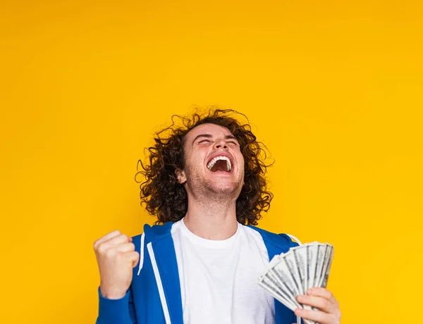 Joyful Young Male Curly Dark Hair Casual Clothes Clenching Fist — ストック写真