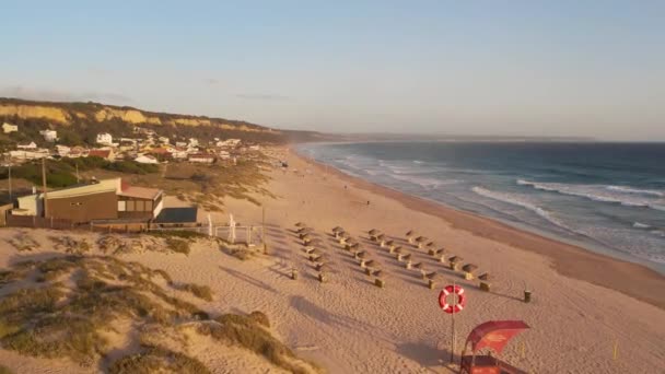 Drone Aerial View Empty Beach Sunrise Costa Caparica Portugal Ocean — Stockvideo