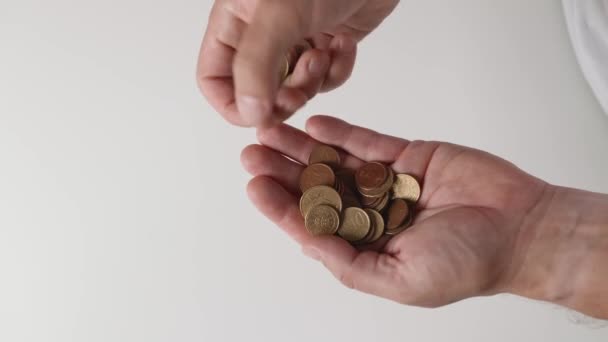 Poor Man Counting Coins Palm His Hand Unrecognizable Male Person — Video Stock