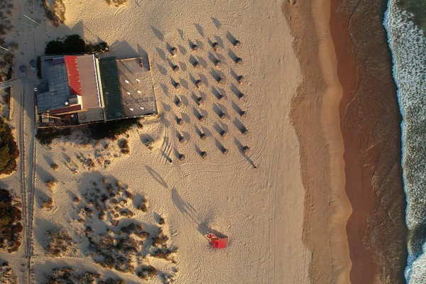 Top Drone View Beach Bar Coastline Costa Caparica Portugal Aerial — Stock Photo, Image