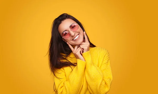 Cheerful Young Female Millennial Long Dark Hair Stylish Sweater Sunglasses — Stok fotoğraf