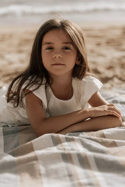 Calm Adorable Little Girl Long Dark Hair White Summer Dress — Fotografia de Stock