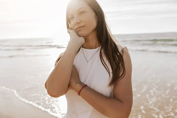 Pensive Female White Dress Touching Face Looking Away While Spending — Stok Foto