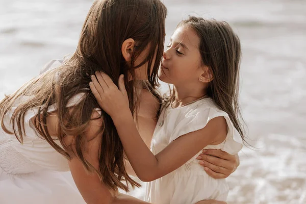 Side View Adorable Little Girl Long Dark Hair White Dress — Stockfoto