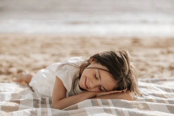 Adorable Happy Little Girl Long Brown Hair White Dress Smiling — Fotografia de Stock