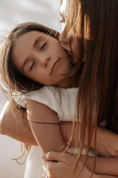 Crop Young Woman Long Brown Hair Embracing Kissing Cheek Adorable — Stockfoto