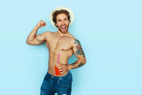 Happy Shirtless Man Cup Fresh Cold Drink Looking Camera Opened — 스톡 사진