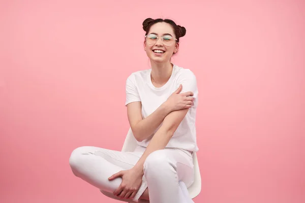 Happy Female Teenager White Clothes Glasses Touching Arm Laughing While — Stock Fotó