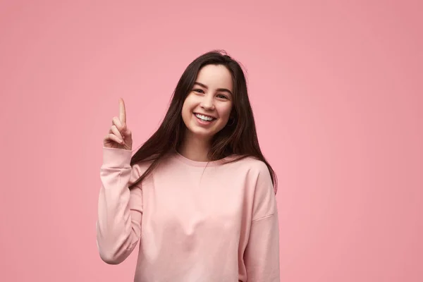 Happy Female Teenager Sweatshirt Long Dark Hair Looking Camera Smile — Foto de Stock