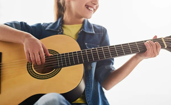 Merry Teen Student Smiling Playing Acoustic Guitar Music Lesson Sunlit — Foto Stock