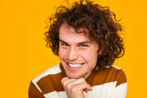 Optimistic Young Unshaven Male Curly Brown Hair Striped Shirt Smiling — Foto de Stock
