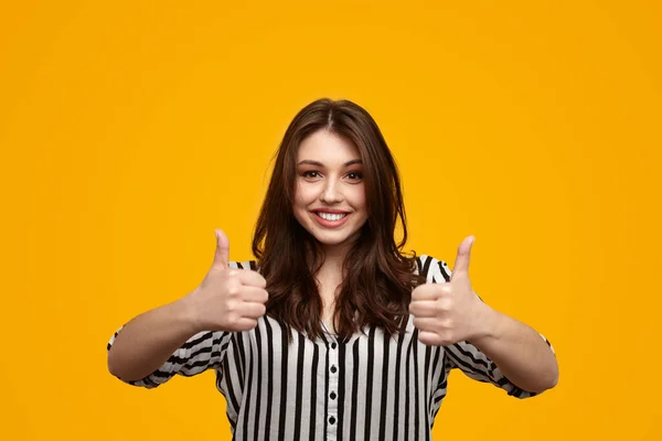 Optimistic Young Female Model Long Brown Hair Striped Shirt Smiling — 스톡 사진