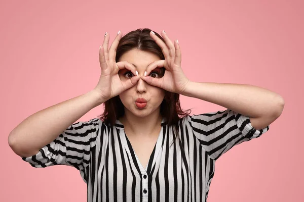 Funny Young Female Long Dark Hair Striped Shirt Pouting Lips — Foto de Stock