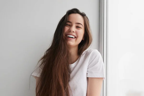 Delighted Young Lady Long Dark Hair Shirt Smiling Happily Looking — Stok fotoğraf