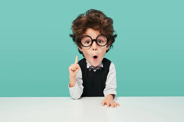 Funny Little Boy School Uniform Glasses Big Head Looking Camera — Foto Stock
