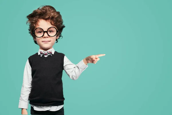 Adorable Smart Little Boy Dark Hair Big Head Formal Outfit — Stockfoto