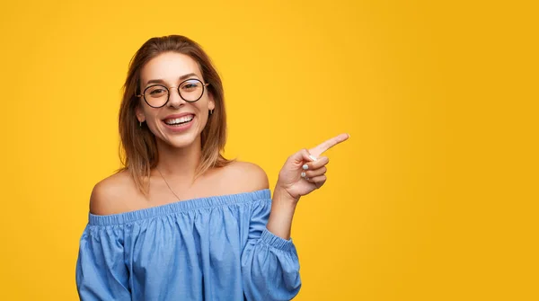Cheerful Smart Young Female Eyeglasses Blue Blouse Smiling Looking Camera — Stockfoto