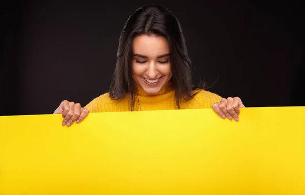 Delighted Young Hispanic Female Model Long Dark Hair Knitted Sweater — Stockfoto