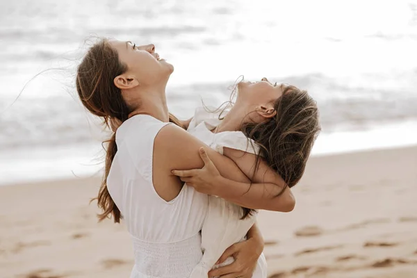 Side View Happy Young Mother Adorable Little Daughter Long Dark — Stockfoto