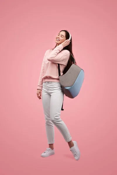 Full Body Cheerful Teenager Casual Clothes Backpack Smiling Closed Eyes — Stock Fotó