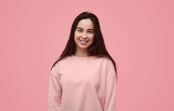 Positive Young Female Model Long Dark Hair Sweatshirt Smiling Looking — Stok fotoğraf