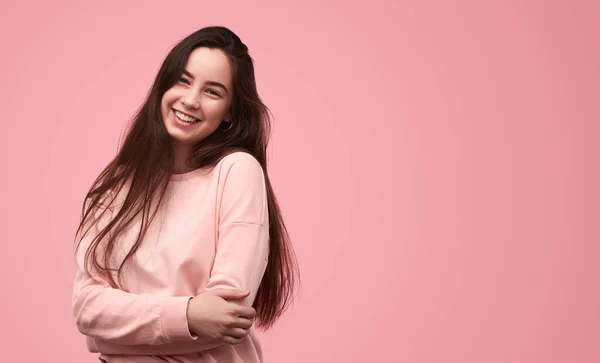 Delighted Female Millennial Long Dark Hair Casual Clothes Smiling Happily — 스톡 사진