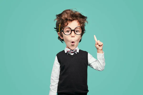 Adorable Little Boy School Uniform Glasses Looking Camera Pointing While — Stock Photo, Image