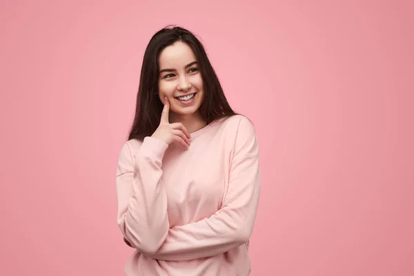 Happy Teenager Casual Sweatshirt Touching Cheek Looking Away Smile Pink — Foto Stock