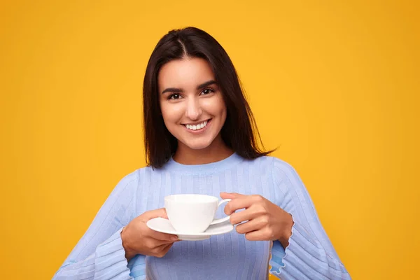 Happy Young Hispanic Woman Blue Sweater Smiling Looking Camera While —  Fotos de Stock