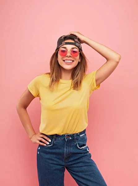 Happy Young Female Street Style Outfit Sunglasses Cap Holding Hand — Stok fotoğraf