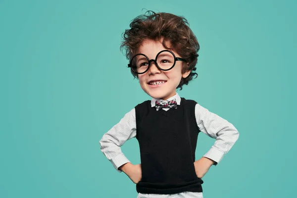 Cheerful Funny Little Kid Dark Wavy Hair Classy Clothes Glasses — Stockfoto