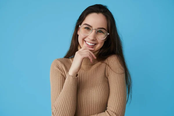 Clever Teen Student Turtleneck Glasses Looking Camera Smile Touching Chin — Stockfoto