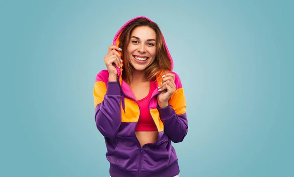 Confident Young Happy Female Model Stylish Sports Crop Top Colorful — Fotografia de Stock