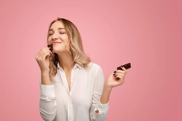 Content Young Female Long Blond Hair White Shirt Smiling While — 스톡 사진