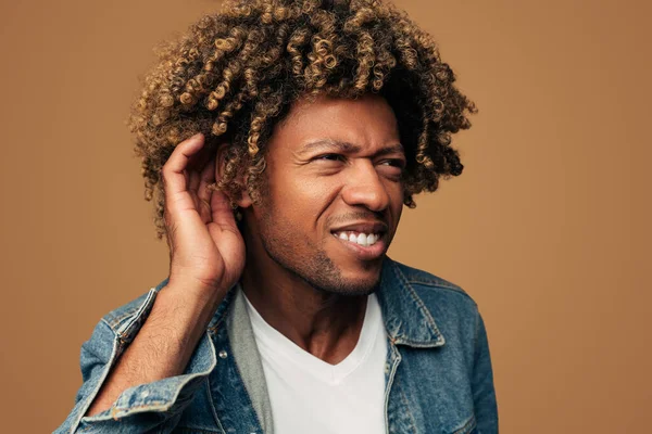 Young African American Man Denim Jacket White Shirt Curly Hair — Fotografia de Stock