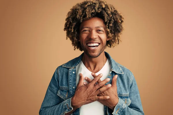 Happy African American Male Denim Jacket White Shirt Curly Hair — Fotografia de Stock