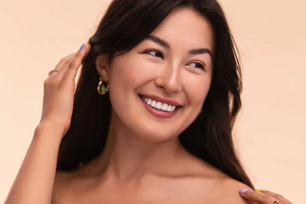 Happy Kazakh Female Stylish Makeup Touching Black Hair Bare Shoulder — Photo