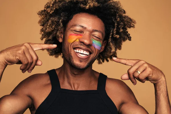 Merry Young Black Man Laughing Closed Eyes Pointing Lgbt Flag — Fotografia de Stock
