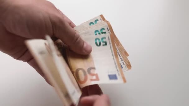 Unrecognizable Man Hands Counting Multiple Euros Paper Currency White Table — Stock Video